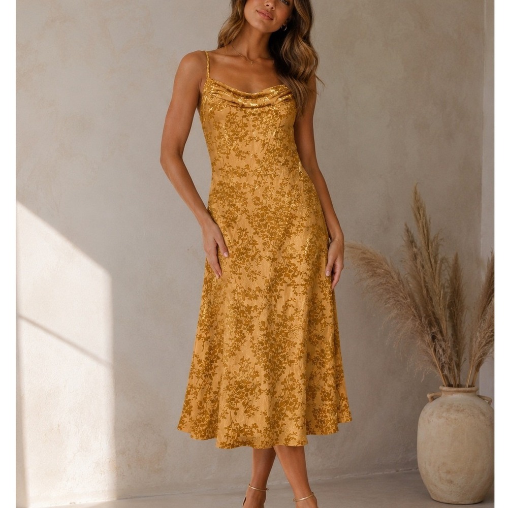 Mustard Gold Velvet Floral Cowl Neck Midi Slip Dress Small Elegant Bohemian